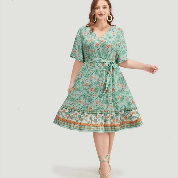 Bloomchic Bandana Print Pompom Trim Pocket Flutter Belted Wrap Dress - Picture 5 of 7